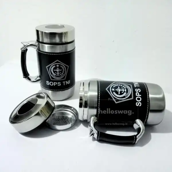 Botol Tumbler Bahan Kulit dan Stainless Steel Berbentuk Mug Dengan Custom Logo Untuk Souvenir 3