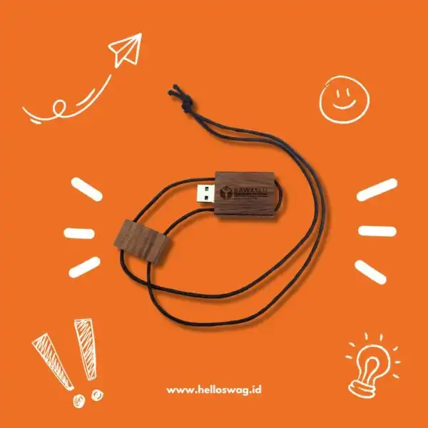 Flashdisk Bahan Kayu Dengan Logo Grafir Dilengkapi Tali Icon